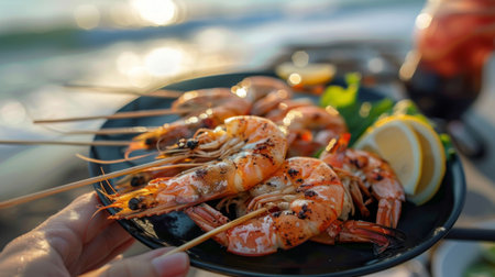 A person enjoying grilled shrimp at a beachside restaurant, with ocean waves in the background.の素材