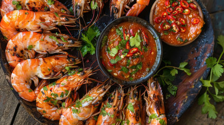 A platter of grilled shrimp with spicy chili dipping sauce, arranged beautifully on a rustic wooden table.の素材