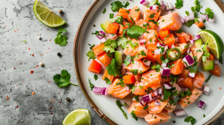A plate of salmon ceviche with lime juice, cilantro, and diced vegetables, served as an appetizer.の素材