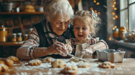 A grandmother and grandchild baking cookies together, with flour and cookie cutters on the table.の素材