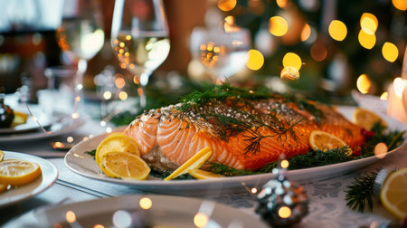 A festive holiday dinner table with a whole baked salmon garnished with dill and lemon slices.の素材