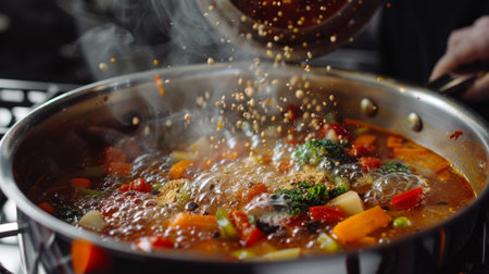 A detailed shot of spices being added to a bubbling pot of soup on the stove.の素材