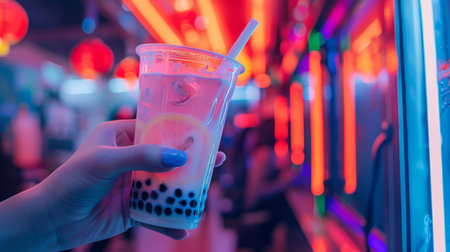 A person holding a bubble milk tea against a backdrop of colorful neon lights, reflecting in the glass.の素材