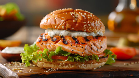 A grilled salmon burger served on a sesame seed bun with lettuce, tomato, and tartar sauce.の素材