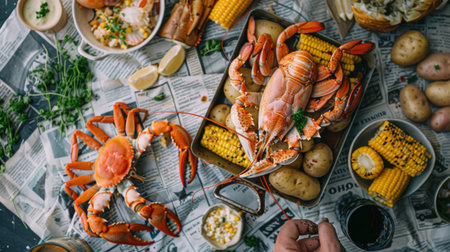 A person enjoying a seafood boil with shrimp, crab legs, corn, and potatoes, spread out on a newspaper-covered table.の素材