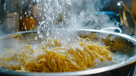 A large pot of pasta being drained in a sink, with steam rising and water splashing.の素材