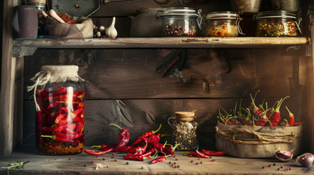 A glass jar of homemade pickled chili peppers with vinegar and spices, on a rustic kitchen shelf.の素材