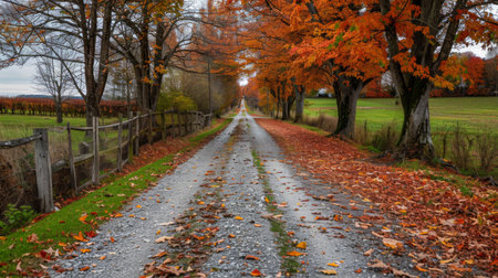 A rural road leading through autumn foliage with colorful leaves and trees lining the path.の素材