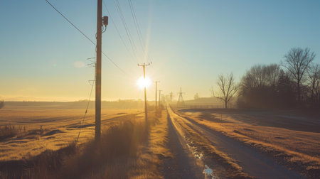 A rural landscape with telephone signal poles casting long shadows during sunset, enhancing the scenic view.の素材