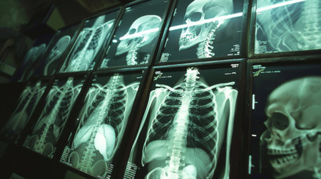 A series of X-ray films pinned to a lightbox, showing different parts of the human body for study.の素材