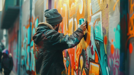 A street artist creating graffiti art with aerosol cans, adding vibrant colors to an urban wall.の素材