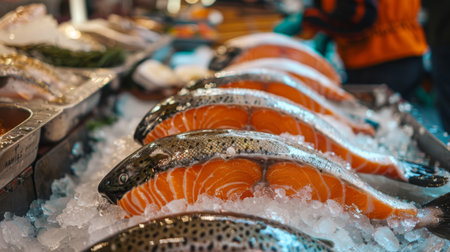 A seafood market stall with fresh whole salmon displayed on ice, ready for sale.の素材