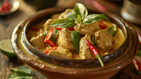 A spicy Thai curry dish with green curry paste, coconut milk, chicken, and Thai chili peppers.の素材