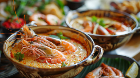 A Thai seafood restaurant showcasing a variety of dishes including Tom Yum Goong, served in traditional bowls.の素材