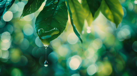 A single water droplet falling from a leaf tip against a blurred background of lush foliage.の素材