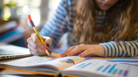 A student studying for exams, using textbooks with bar graphs to review statistical data and trends.の素材