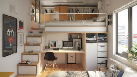 A small bedroom in a studio apartment with a space-saving loft bed, compact furniture, and efficient storage solutions.の素材