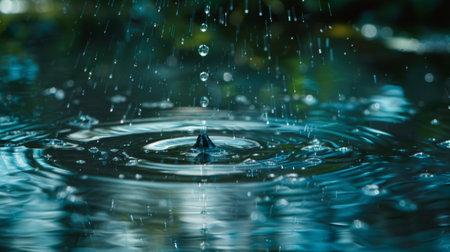 A series of water droplets falling into a serene pond, captured in slow motion to emphasize tranquility.の素材