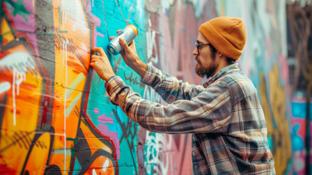 A street artist creating graffiti art with aerosol cans, adding vibrant colors to an urban wall.の素材
