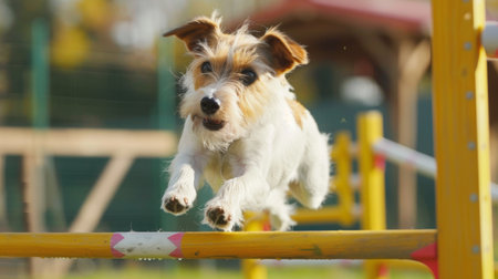 A terrier mix jumping over agility hurdles at a training course, focused and determined.の素材