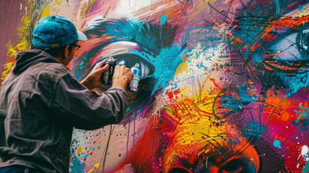 A street artist creating a large mural painting on a building wall with spray paint cans.の素材