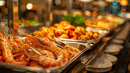 A seafood buffet display featuring grilled shrimp alongside other seafood delicacies, under warm restaurant lighting.の素材