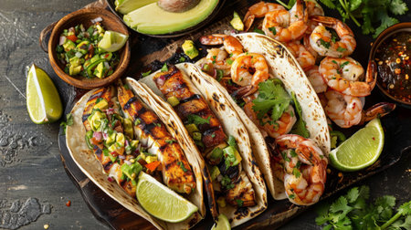 A seafood taco platter with grilled fish, shrimp, and avocado salsa, served with lime wedges and cilantro.の素材