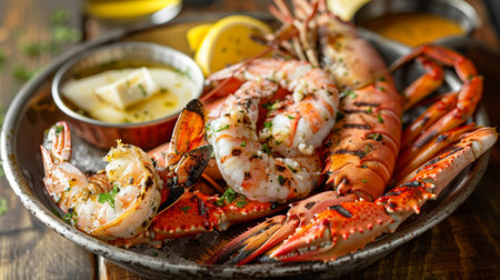 A seafood platter featuring grilled shrimp, lobster tail, and crab legs, served with melted butter and lemon wedges.の素材