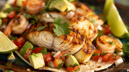 A seafood taco platter with grilled fish, shrimp, and avocado salsa, served with lime wedges and cilantro.の素材