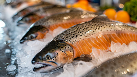 A seafood market stall with fresh whole salmon displayed on ice, ready for sale.の素材