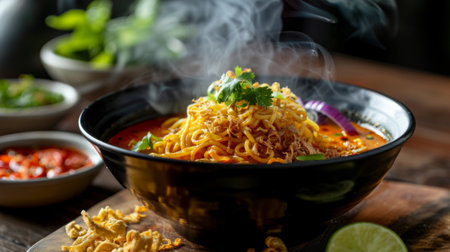 A steaming bowl of aromatic Khao Soi noodles in a rich coconut curry broth, topped with crispy noodles.の素材