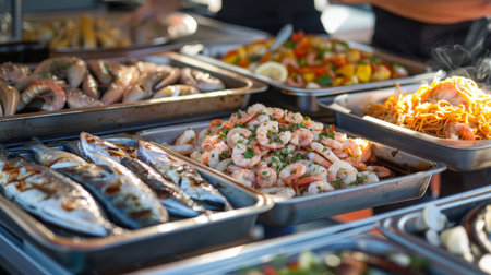 A seafood buffet table with trays of grilled fish, calamari, and seafood pasta, ready for guests at an event.の素材