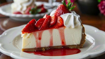A slice of traditional New York-style cheesecake topped with strawberries and whipped cream.の素材