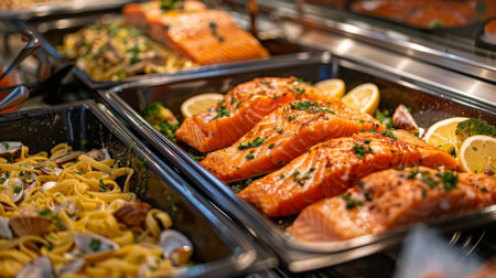 A seafood buffet display with trays of grilled salmon fillets and seafood pasta dishes.の素材