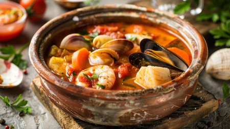 A seafood stew with clams, mussels, fish, and vegetables simmering in a savory tomato broth, served in a rustic bowl.の素材