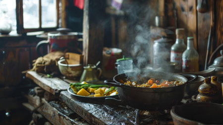 A rustic kitchen setting with a large pot of stew simmering on the stove.の素材