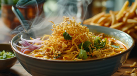 A steaming bowl of aromatic Khao Soi noodles in a rich coconut curry broth, topped with crispy noodles.の素材