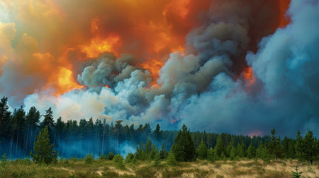 A wildfire spreading with thick smoke obscuring the sky, threatening nearby forests and homes.の素材