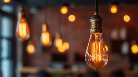 A vintage Edison bulb with visible filaments glowing warmly, creating a cozy ambiance.の素材