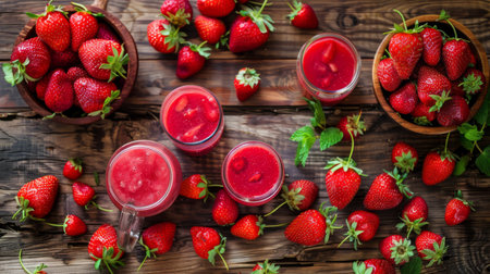 A variety of fresh strawberries displayed on a wooden table next to glasses of strawberry smoothiesの素材