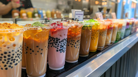 A variety of bubble milk tea flavors displayed on a menu board at a trendy boba tea shop.の素材
