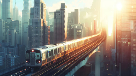 A train traveling on elevated tracks through a modern city skyline with skyscrapers.の素材