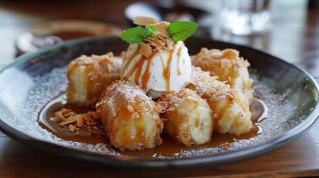 A traditional Thai dessert of crispy fried bananas served with coconut ice cream and caramel sauce.の素材