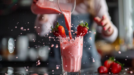A woman pouring strawberry smoothie into a glass, with drops splashing around the rim of the glass.の素材