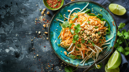 A vibrant plate of Pad Thai noodles garnished with peanuts, lime wedges, and fresh bean sprouts.の素材