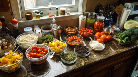 A variety of ingredients laid out on a kitchen counter, ready for meal preparation.の素材