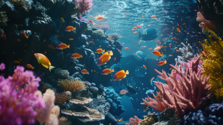 A underwater shot of a coral reef teeming with diverse marine life, including fish of all shapes and sizes.の素材