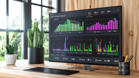 A web analytics dashboard with real-time bar graphs showing website traffic and user engagement metrics.の素材