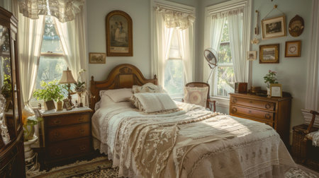 A vintage-style bedroom with antique furniture, framed artwork, and lace curtains creating a nostalgic feel.の素材