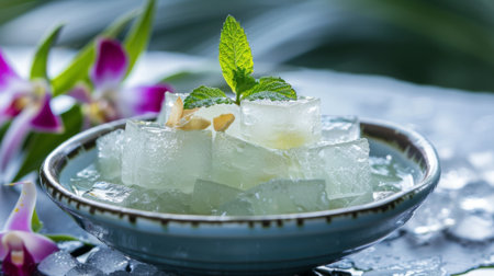 A traditional Thai dessert of coconut jelly cubes (Wun Kati) served with sweet syrup and ice.の素材